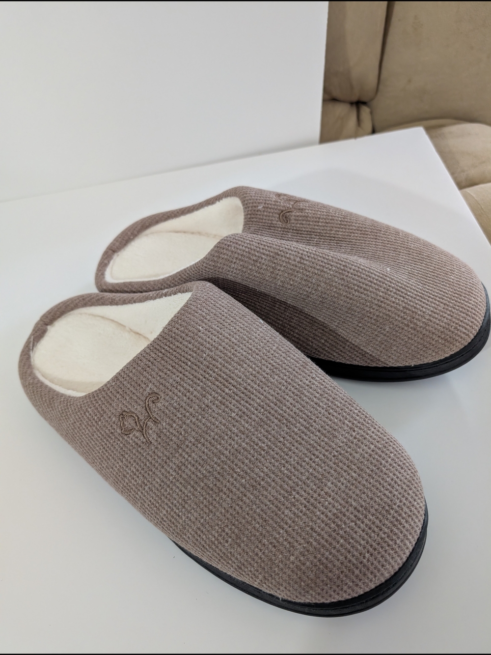 Cozy Taupe Waffle Texture Slip-On Slippers. Mens size 11
